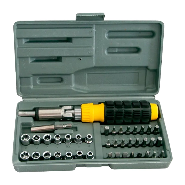 отвертка реверсивная с набором головок и бит