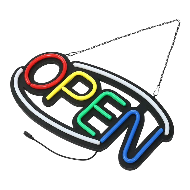 неоновая вывеска открыто