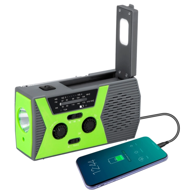 динамо радіоприймач з ліхтариком та сонячною батареєю